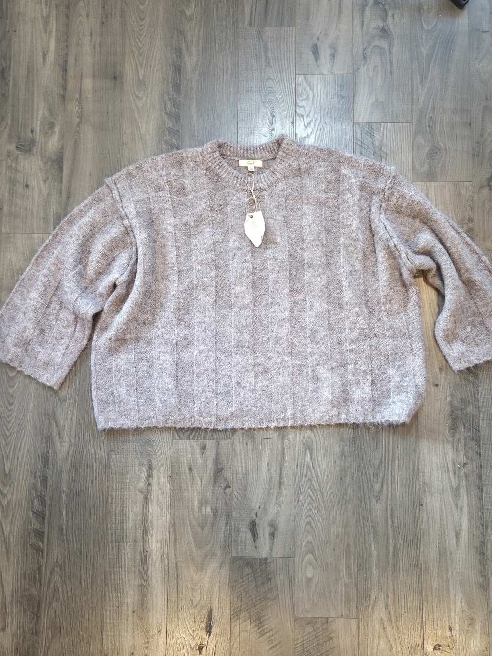 easel Cozy Ribbed Crew Neck Sweater in Taupe